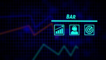 Neon blue grid with glowing orange and green graphs and three icon panels showing growth chart headset and target