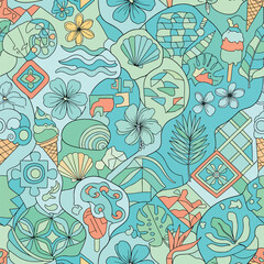 Vibrant summer themed pattern with tropical flowers and ice cream cones, seamless pattern, Stock royalty free image.