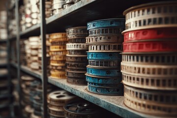Metal reels of films stacked on shelves feature colors like red blue and yellow stored in a warehouse or archive