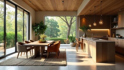 Serene Modern Kitchen and Dining Area with Abundant Natural Light and Wooden Accents