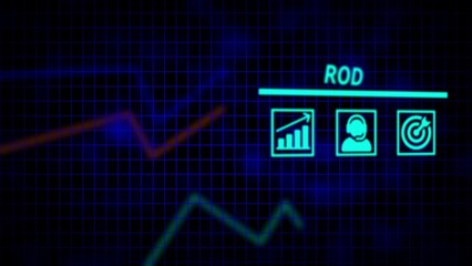 Neon blue grid with glowing orange and green lines and three turquoise icons for growth customer and target