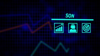 Neon blue grid with glowing orange and green lines and three illuminated icons for growth customer service and target 1