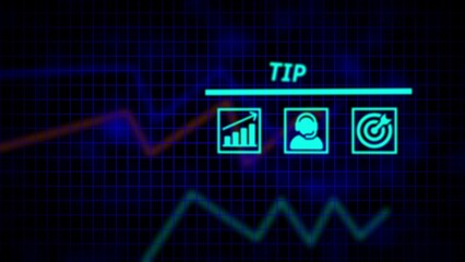 Neon blue grid with financial charts and tip icons stock market data