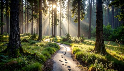 Walking Path Through Forest with Sunlight Rays and Footprints