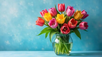 A vibrant bouquet of multicolored tulips arranged in a clear glass vase, sitting on a light blue surface against a soft blue backdrop.