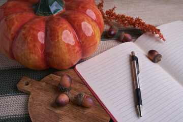 Autumn planning flat lay with open lined notebook and pen, ceramic pumpkin, acorns and dried flowers on knitted fabric and wooden board — cozy seasonal background with copy space