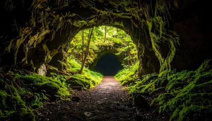 Walking Path Through Mossy Cave Leading to Lush Forest