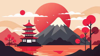 Pagoda Temple by the Lake, Mountains, and Red Sunset, Japanese Style Illustration