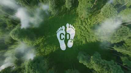 Stunning top-down aerial drone shot of a verdant pine forest featuring a symbolic CO2 footprint icon, representing vital concepts of decarbonization, environmental sustainability, and climate action
