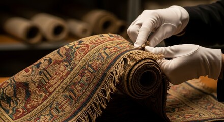 Patterned carpet is inspected by gloved hands with other rolledup carpets visible in the background