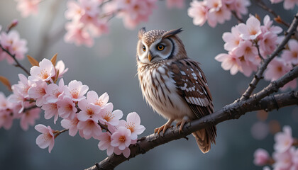 owl on a branch with flowers