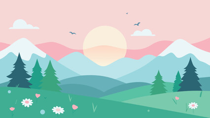 Obraz premium Pastel Mountain Landscape Illustration Sunrise, Green Fields, Flowers, Evergreen Trees and Birds in Sky