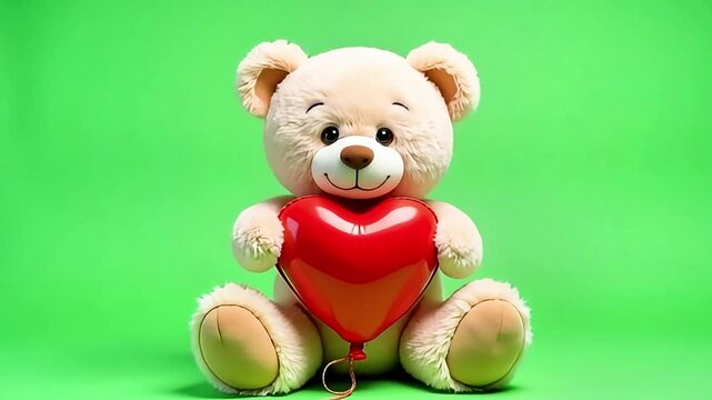 Adorable teddy bear holding a vibrant red heart balloon on a cheerful green background