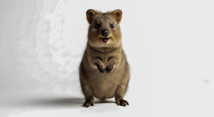 Obraz premium Juvenile quokka (Setonix brachyurus) smiling in isolated pose on white background 
