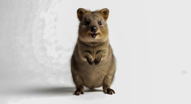 Juvenile quokka (Setonix brachyurus) smiling in isolated pose on white background
 