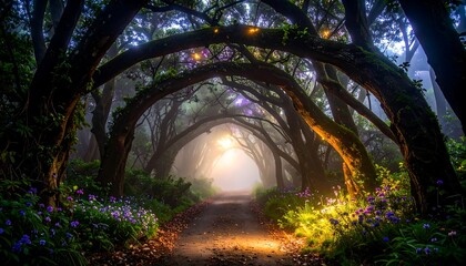 Walking Through Forest Path Under Tree Arches with Foggy Glow