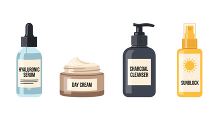 Discover radiant skin with essential skincare products hyaluronic serum day cream charcoal cleanser and sunblock, Generative AI.