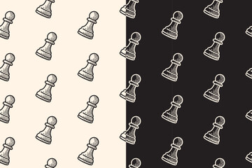 Chess pawns engraving seamless pattern on black beige background. Chess piece hand drawn doodle pattern background. Pawn chess figure hatching motif wallpaper. Board game packaging and merchandise