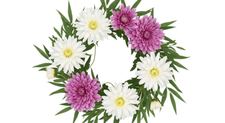 Beautiful wreath arrangement of white and pink daisies with greenery transparent background