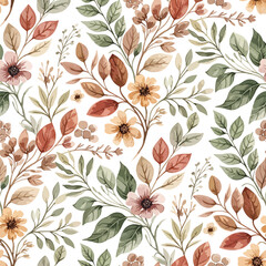 Watercolor floral pattern with autumn leaves and flowers on white background, patern seamless, Stock royalty.