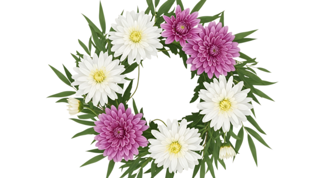 Beautiful wreath arrangement of white and pink daisies with greenery transparent background - Powered by Adobe