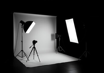 Professional photography studio setup with backdrop camera lights and tripods creating a controlled environment for image creation and visual storytelling