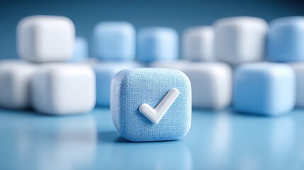Blue and white cube featuring a checkmark symbolizing trusted decisions in blockchain technology and immutable strategies