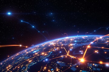Digital data communication lines and glowing nodes over Earth from space in futuristic style on starry background. Concept of global network and technology. Ai generative