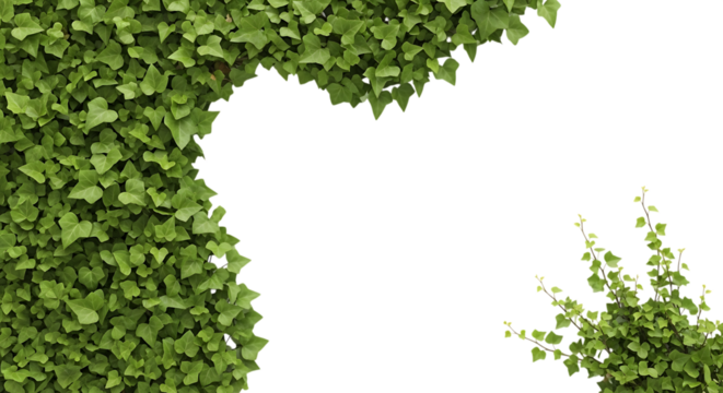 Lush green ivy foliage forms organic shape against deep black negative space abstract. transparent background