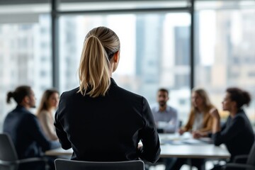 Woman with ponytail leading business meeting with colleagues in modern office, professional atmosphere, cityscape background, concept of leadership. Ai generative