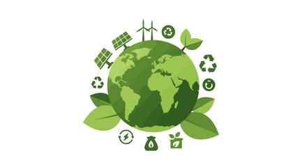 Minimalist eco vector design with leaves, green earth, and sustainability icons in modern flat style