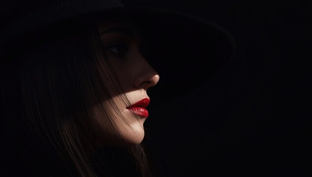 Woman with red lipstick wears a stylish hat in dramatic dark light. Perfect for fashion, beauty, and lifestyle content creation.