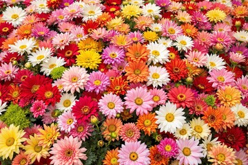 Bright multicolored daisies in full bloom arranged densely, photorealistic style, on a natural green background, concept of vibrant floral beauty, Ai generative