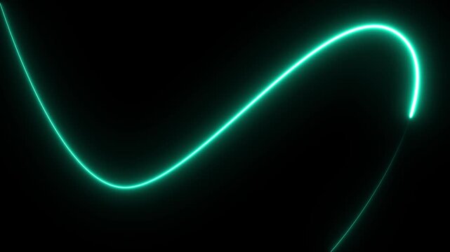 Abstract neon motion video with glowing turquoise curved light streaks on dark futuristic background
