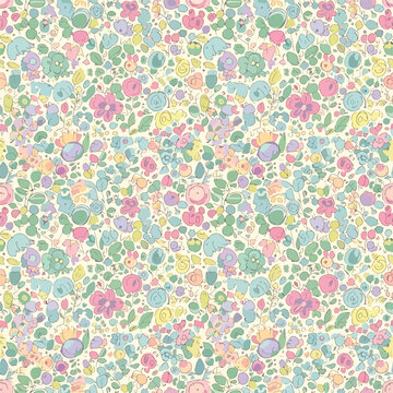 Whimsical floral pattern with pastel colors and hand drawn style elements, seamless pattern, royalty stock.