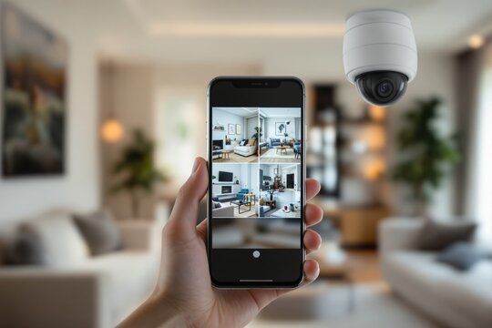 Hand holding a smartphone displaying home surveillance footage, with a visible security camera in a cozy living room, soft blurred background. Ai generative - Powered by Adobe