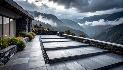 Walking Up Stone Steps with Mountain View and Cloudy Sky