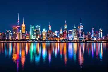 Obraz premium Futuristic city skyline at night with vibrant neon lights, creative colorful buildings, and reflections on still water with a deep blue background. Ai generative