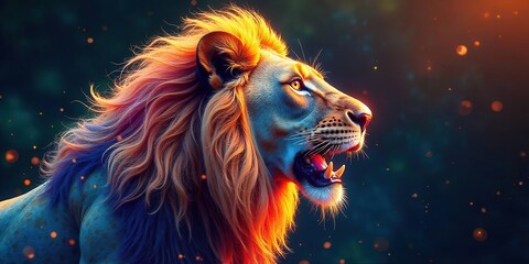 Majestic Lion with Vibrant, Fiery Mane Roaring Against a Dark, Sparkly Background