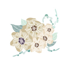 くすみカラーの小花と緑色の茎のコサージュ