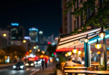 Night cityscape cafe, bokeh lights blurred background, blurred, cool