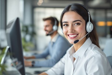 Woman with headset smiling at desk in office environment, realistic photo style, blurred office background. Concept of customer service support. Ai generative