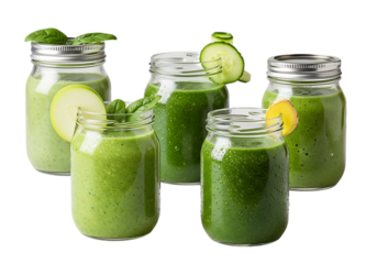 Refreshing green smoothies in mason jars with fresh ingredients for a healthy lifestyle transparent background