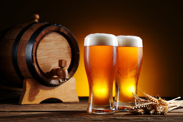 Amber ale refreshment with wooden barrel and wheat beer beverage