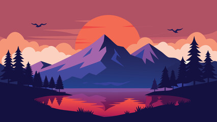 Serene Lake at Sunset Majestic Mountains, Pine Trees, and Flying Birds Art