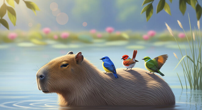 Capybara with tiny birds resting on its back - Powered by Adobe