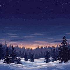 Fototapeta premium Winter landscape illustration with forest at twilight and starry night sky, seamless pattern, Stock royalty free image.