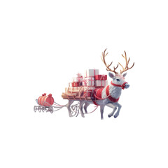Fototapeta premium Reindeer pulling a sleigh traditional Christmas holiday symbol winter animal illustration festive season celebration and decorative design concept isolated on white background