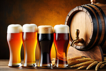Four glasses of beer and wooden barrel foam liquid