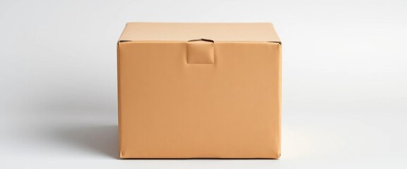 Obraz premium Plain brown cardboard box on light gray background, sustainable, graphic